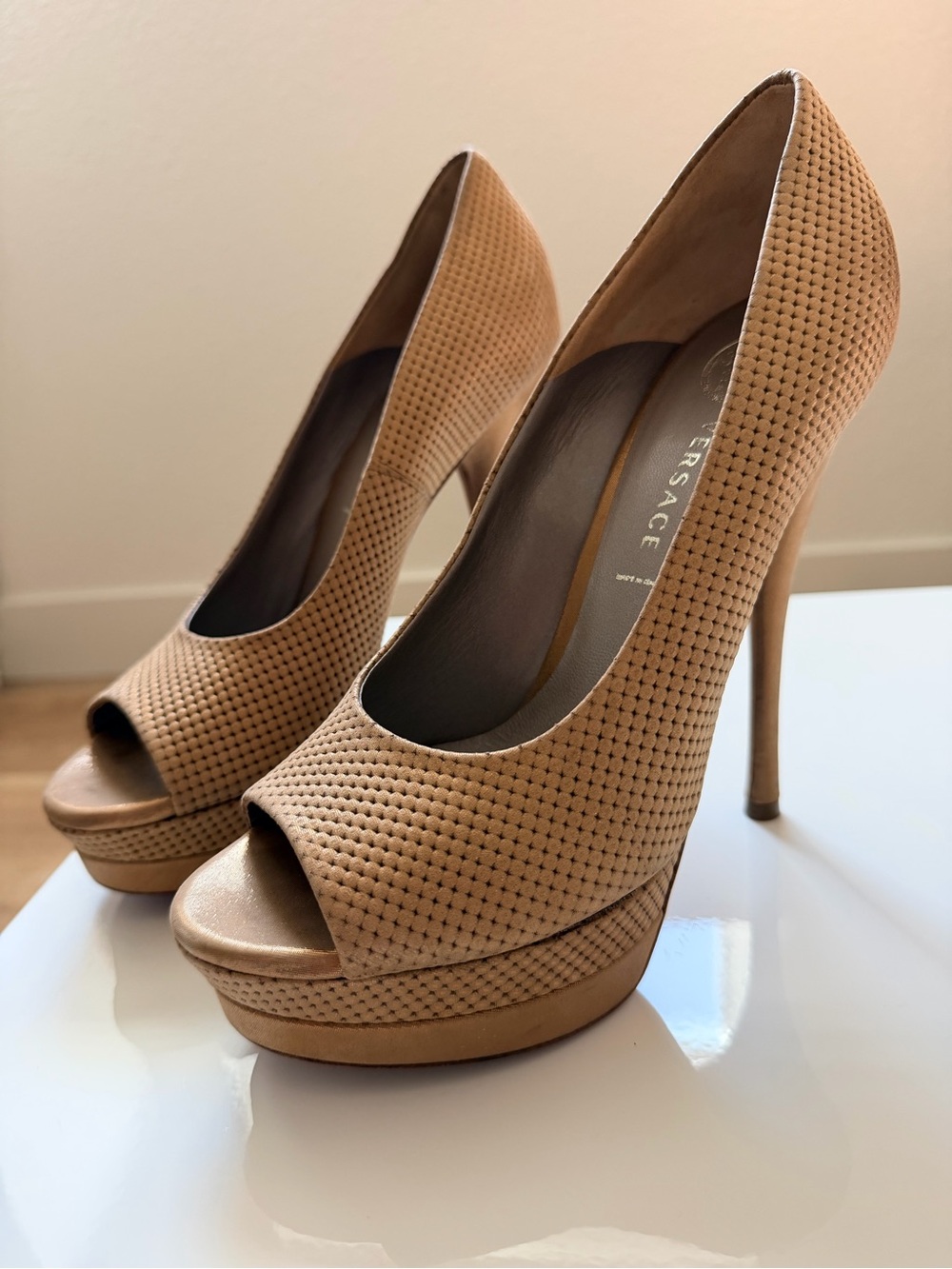 Versace Tan Perforated Peep-Toe Platform Pumps